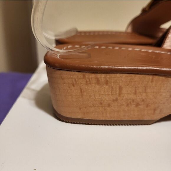 J. Crew Cognac Leather Double Strap/Buckle Wood Sole Sandals Sz.6 MSRP $188 - Picture 7 of 8